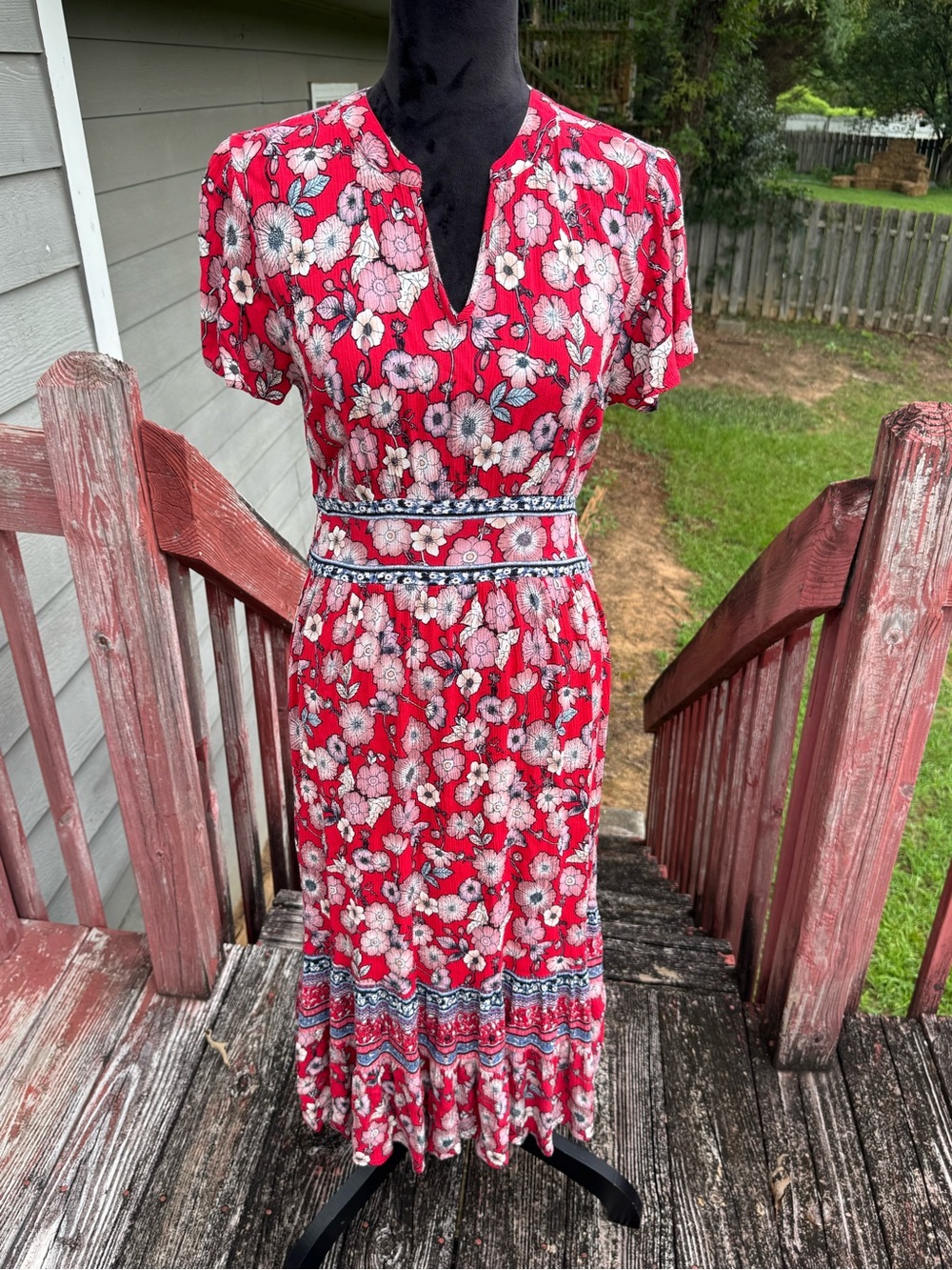 Knox Rose Floral Red Midi Dress V Neck Elastic Waist Cap Sleeve Boho   Romantic - Picture 10 of 10